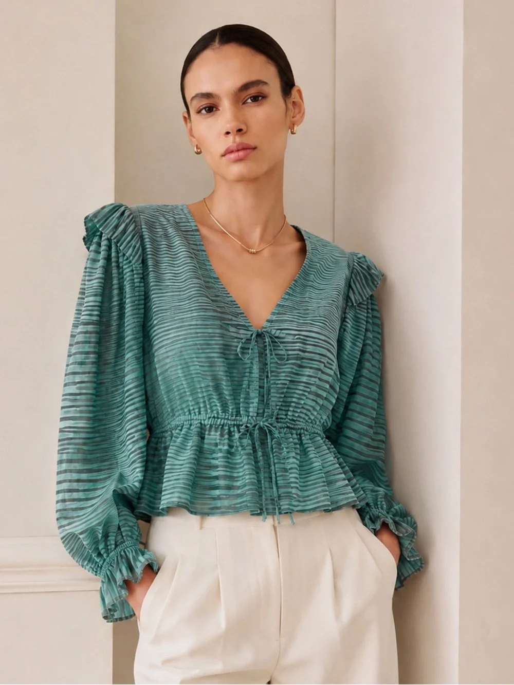 Ulla Johnson Ophelia Teal Striped Cotton Peplum Blouse Size 12